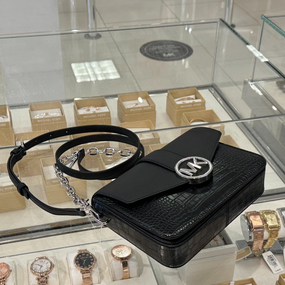 Michael Kors Carmen MD Flap Shoulder Chain Crossbody Bag Embossed Black/Silver - Picture 6 of 8